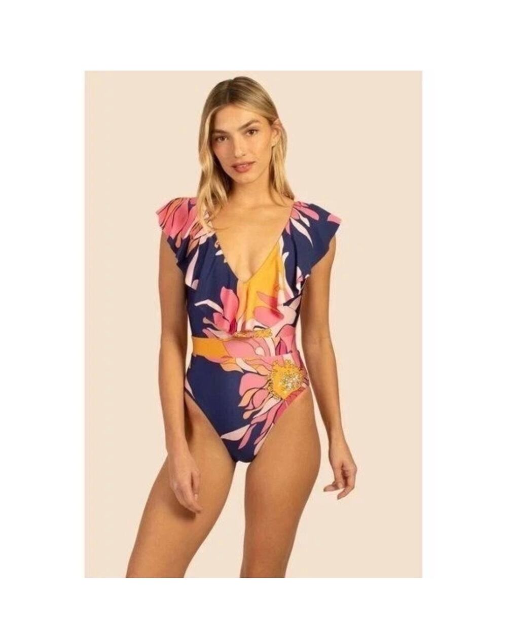 Trina Turk 12 Breeze ruffle one-piece swimsuit tropical floral print pink purple